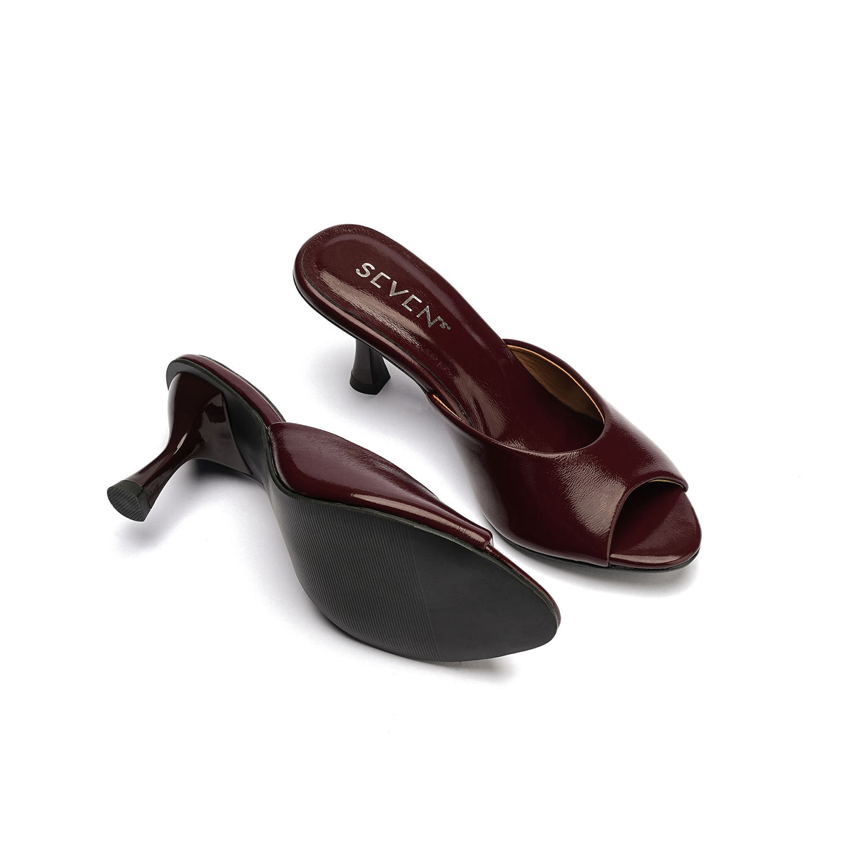 Burgundy Peep Toe Heels pair with sole view