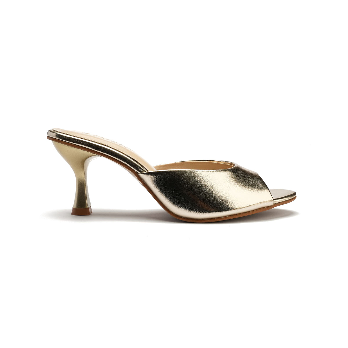 Gold Peep Toe Heels side profile with 2.5 inch heel